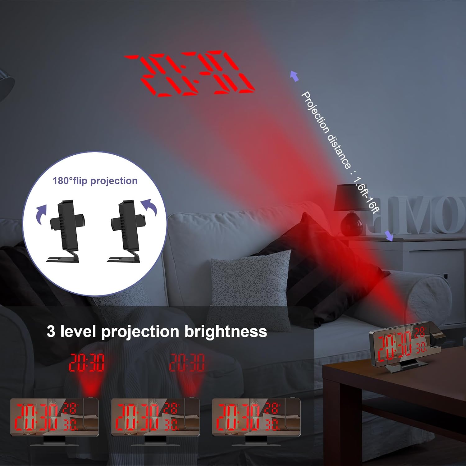 Projection Alarm Clock | Digital Mirror Clock with Adjustable Brightness