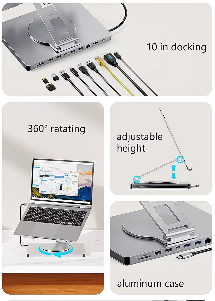 Aluminum 10-in-1 USB-C Adapter Docking Station with 360° Rotating Laptop Stand