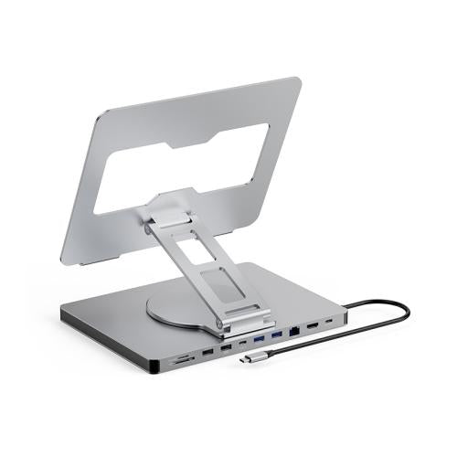 Aluminum 10-in-1 USB-C Adapter Docking Station with 360° Rotating Laptop Stand